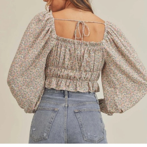 Mable Floral print bubble sleeves Crop top peasant cottage Boho blouse Sz M - Picture 9 of 9